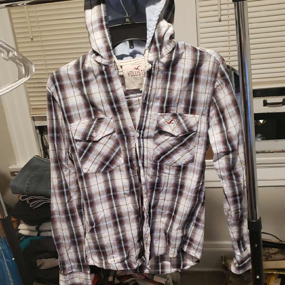 Hollister Plaid Hooded Shirt - Blue and Brown Size Small